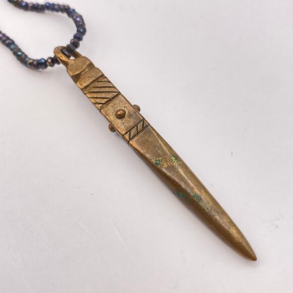 DYLAN K Dagger Copper Pendant On Caviar Black Pyrite Beaded Necklace MSRP 220 - Picture 5 of 11